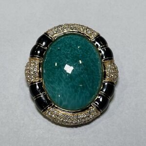 VTG Ciner Peking‎ Green Glass Brooch Cabochon Gold Black Rhinestone, 2.25"x1.75"